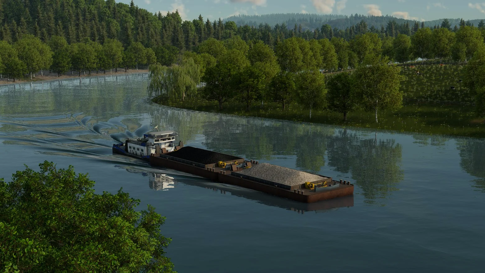 A cargo ship carrying bulk materials travels along a wooded river in Transport Fever 3